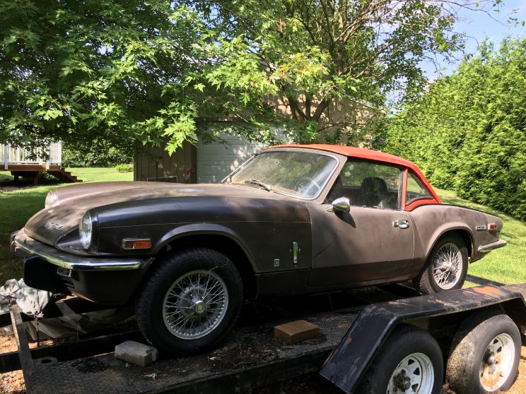 1972 Triumph Spitfire MK4 as purchased in brown with wire wheels and hard top as purchased on a trailer
