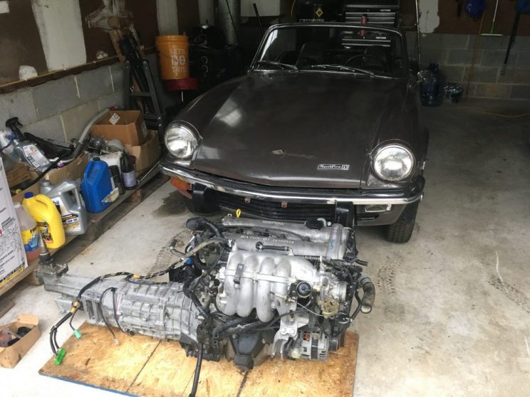 1972 Triumph Spitfire and Miata NB 1.8 Engine and 6 speed transmission beauty shot