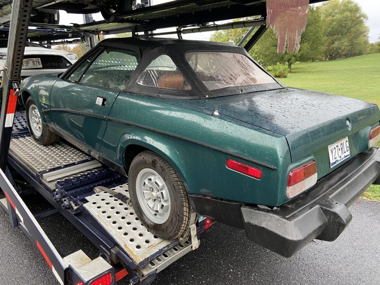 1980 Triumph TR8 rear view on trailer as delivered from NM drivers side