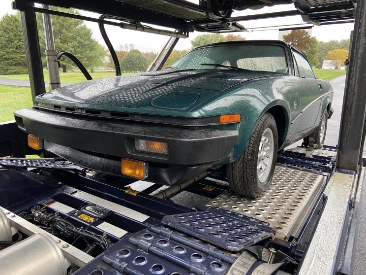1980 Triumph TR8 front view on trailer as delivered from NM